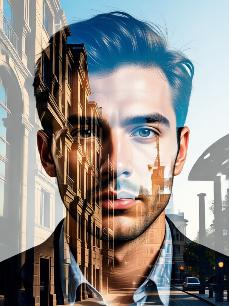 double exposure portrait with a woman's profile blended with a glass skyscraper