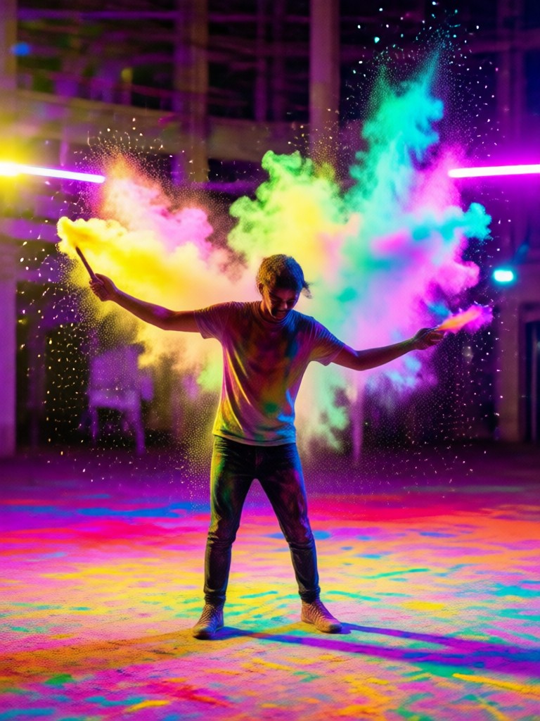 Artistic, painterly AI Holi effect blending colors softly on a face