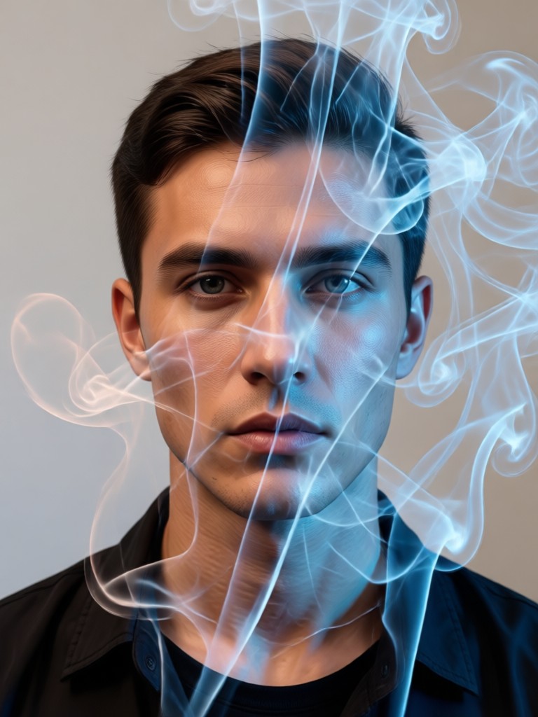 rostro fusionado con ondas de energía coloridas