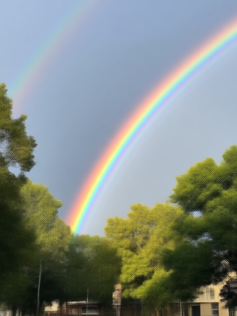 Rainbow through forest canopy