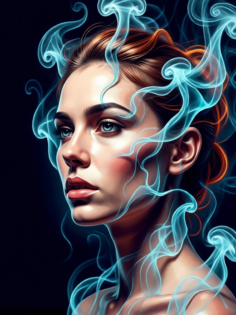 Ethereal female portrait with white smoke