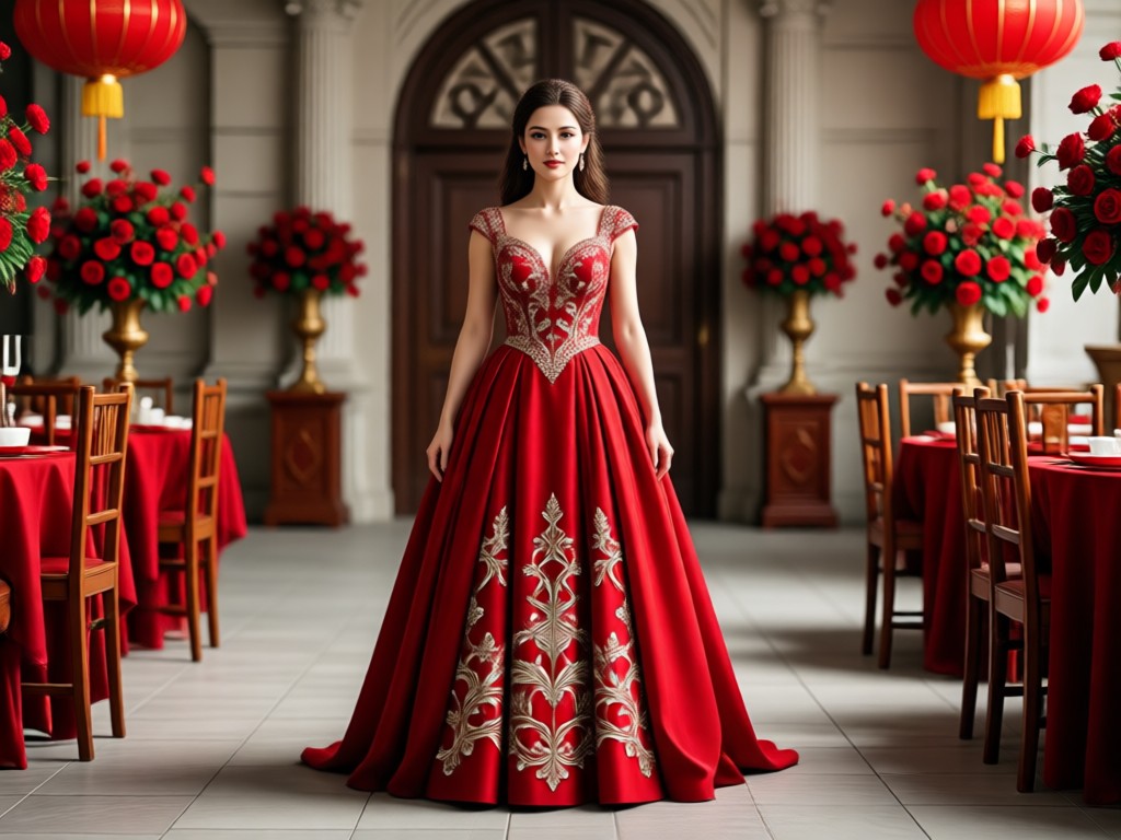 Woman comparing AI red wedding dress variations
