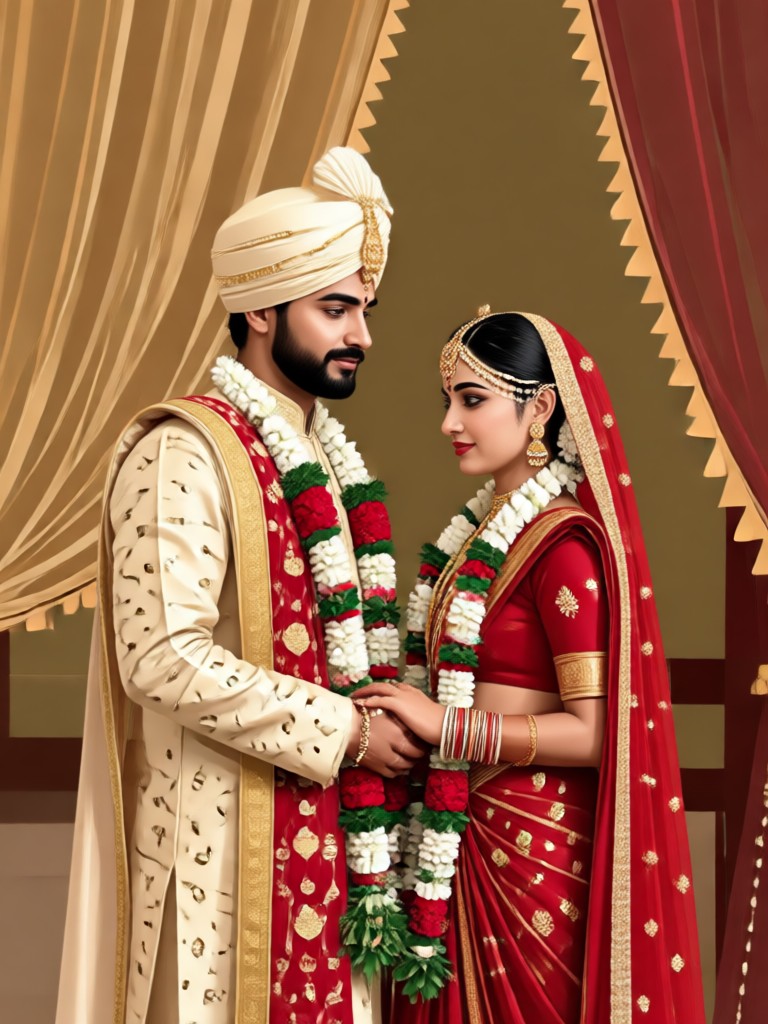 ländliches indisches hochzeitspaar porträt mit familie