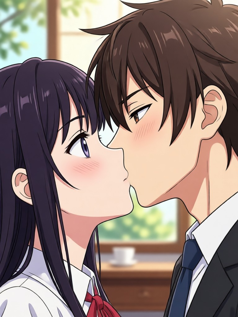 Blushing anime couple kiss video