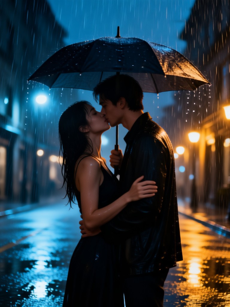 Urban rainy night romantic kiss scene