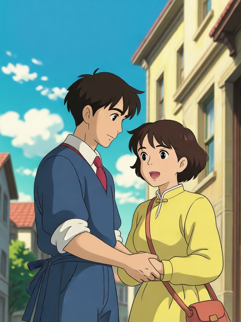 Epic Ghibli style couple portrait with a flying dragon