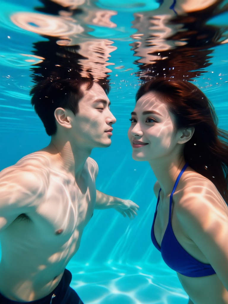 Retrato subacuático romántico de pareja con rayos de sol