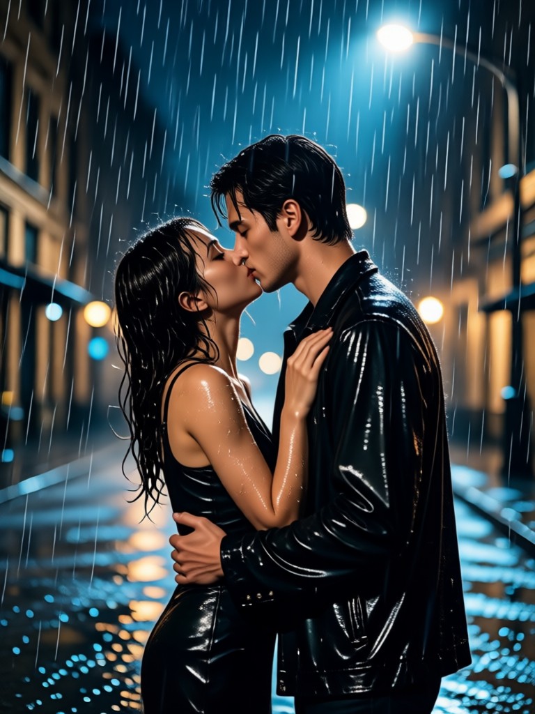 Soft romantic glow rainy night kiss