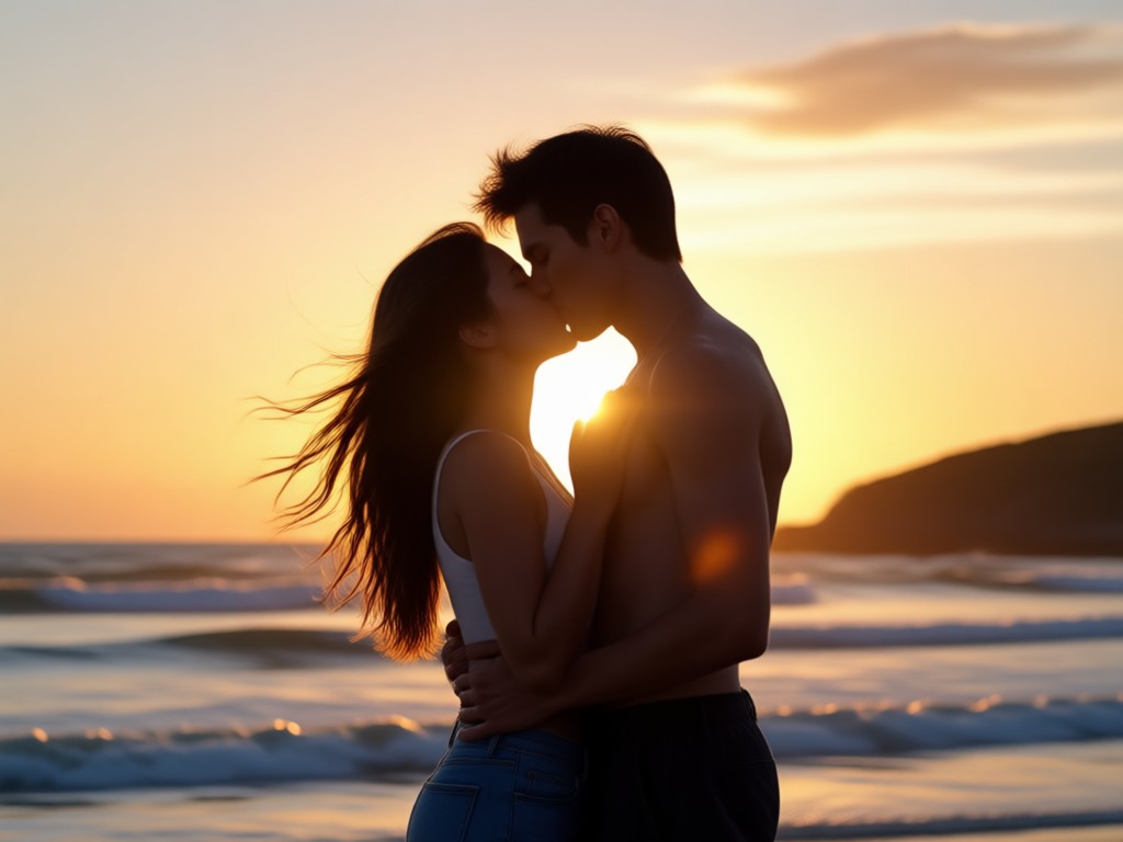 Realistic AI kissing animation on beach