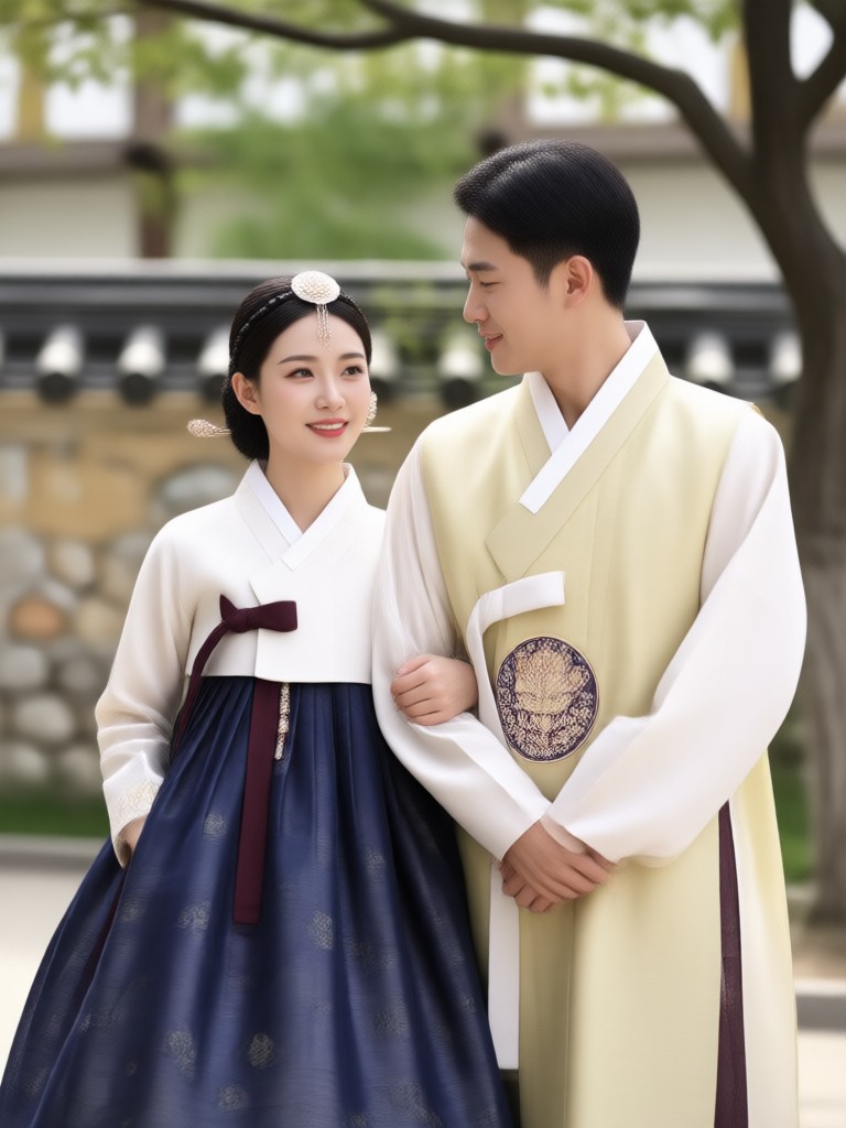 Spring Hanbok couple with floral patterns and light fabrics