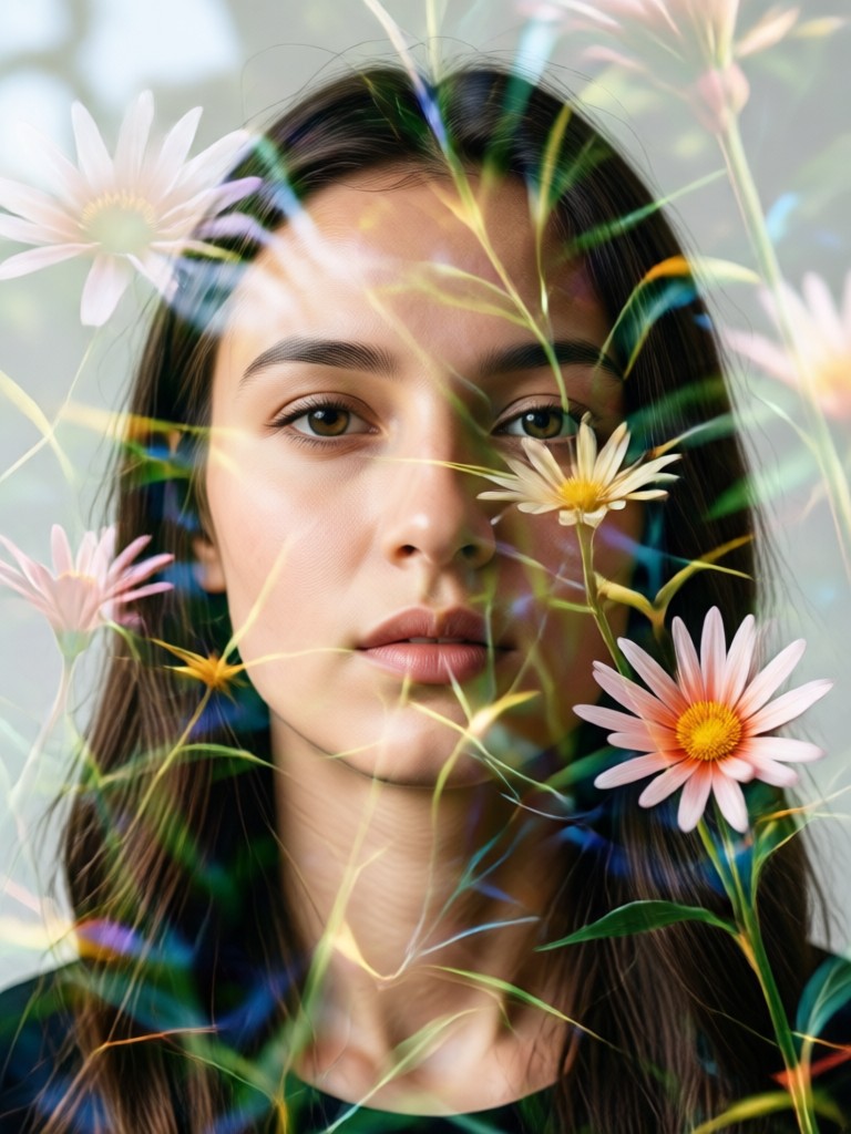 Tulip garden overlay on smiling portrait double exposure