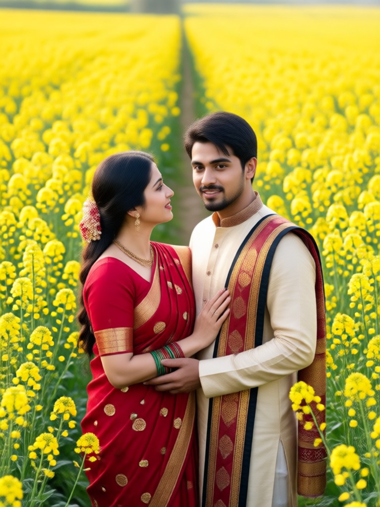 Couple in traditional wedding attire in mustard field