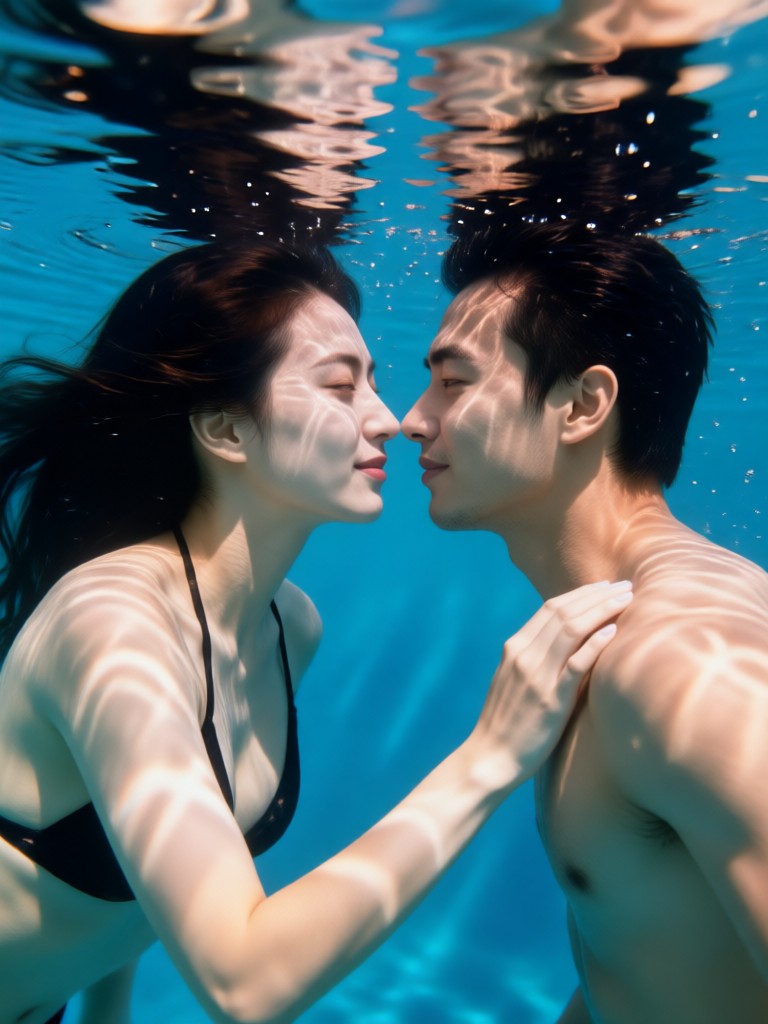 AI generated vintage style underwater couple photo