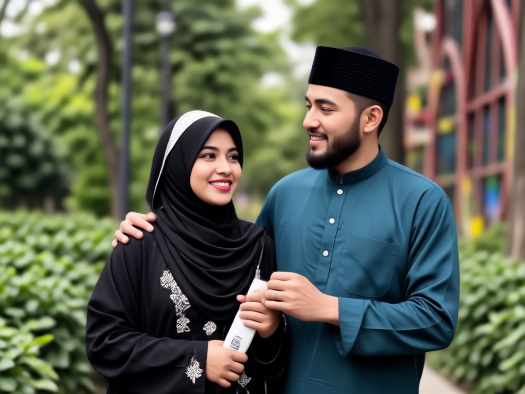 Muslim couple in traditional Islamic wedding attire