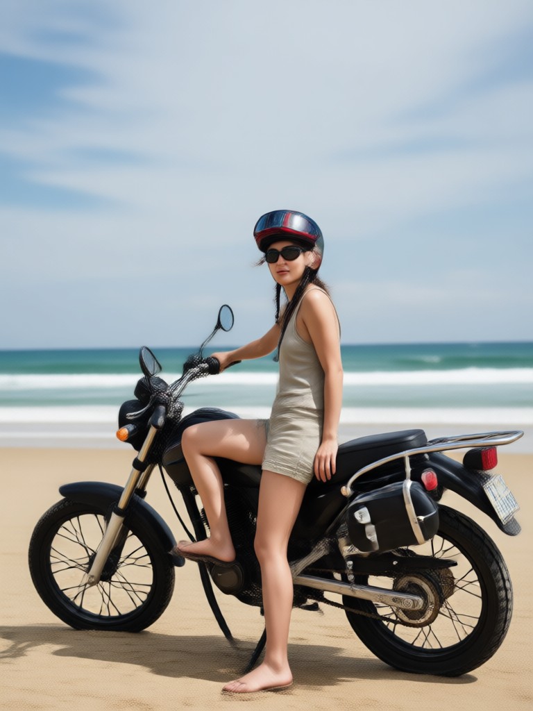 Overhead drone view of a motorcycle creating tracks in sand AI image