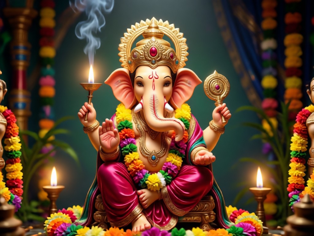 KI-Ganpati-Foto mit festlichen Diya- und Modak-Elementen