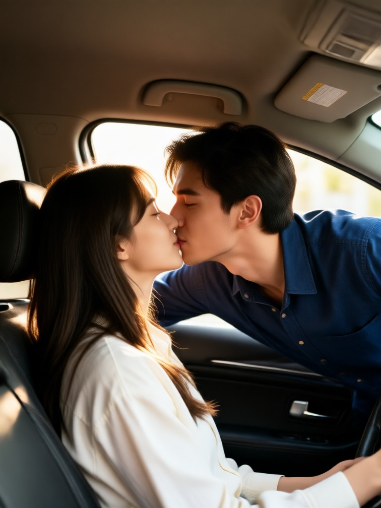 Dynamic angle showing two photos kissing in car kissing animation