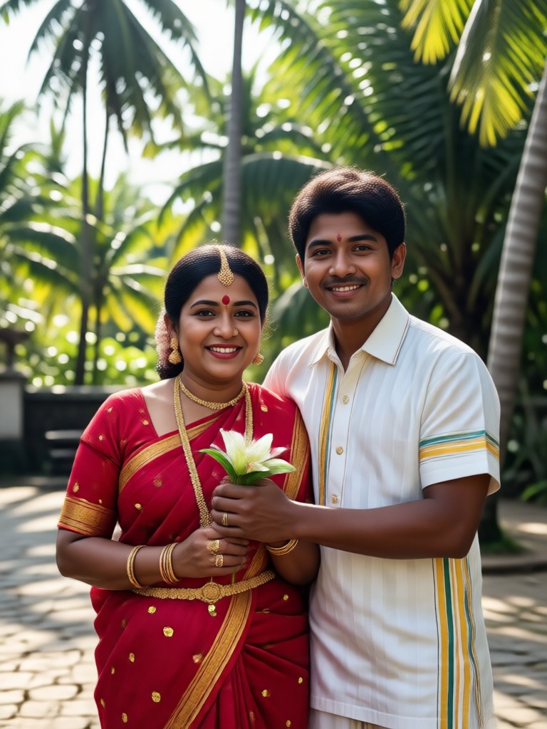 Traditional Malayali couple by backwaters at sunset