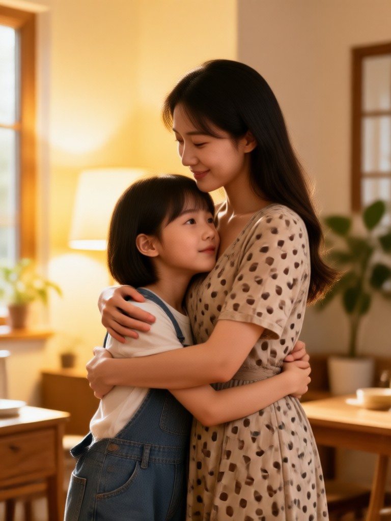 AI hug video frame of a family embracing