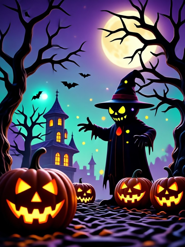 KI-generiertes Halloween-Party-Plakat mit Neon-Monstern