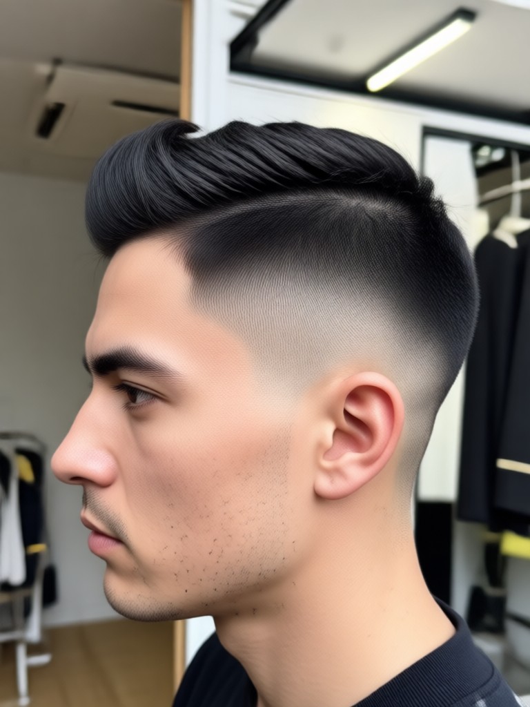 Before and after AI buzz cut on man with curly hair