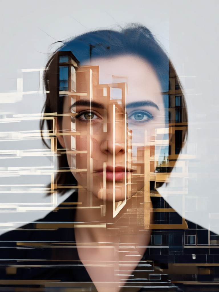double exposure art mixing a dancer with sweeping curves of modern architecture