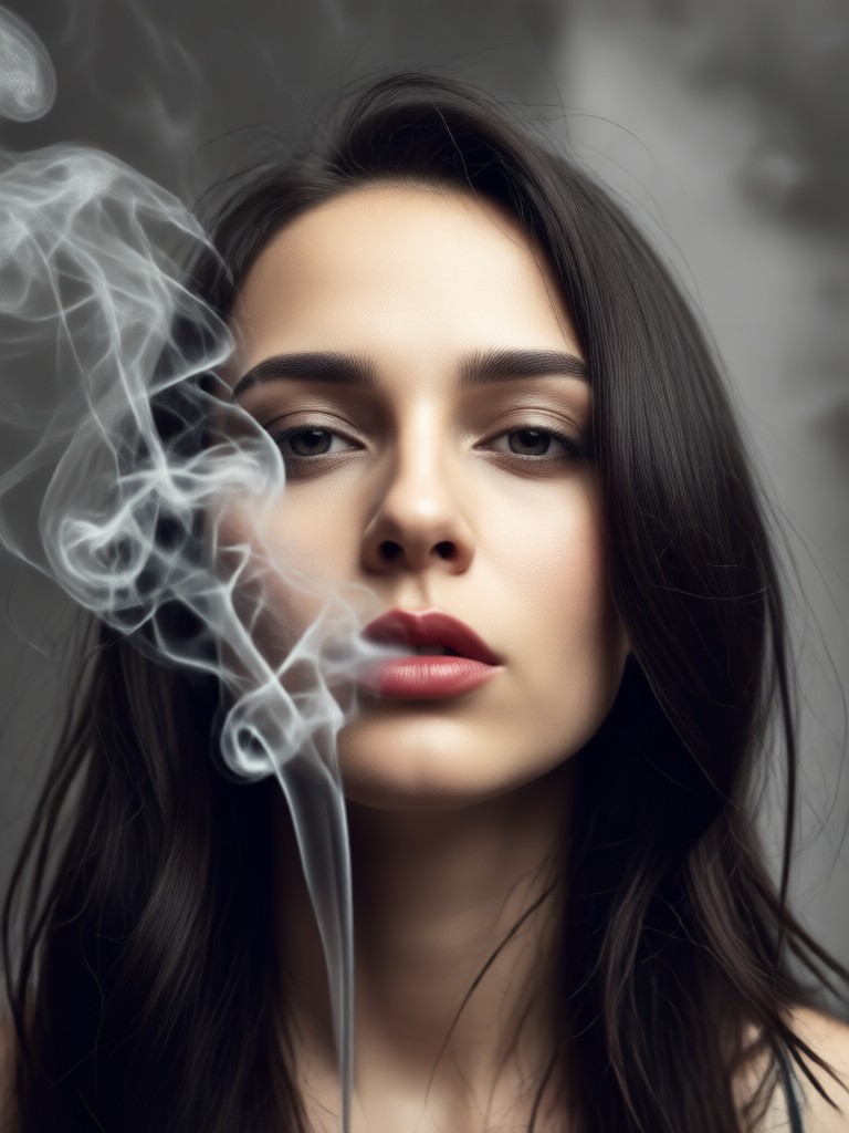 Moody portrait with misty gray smoke background