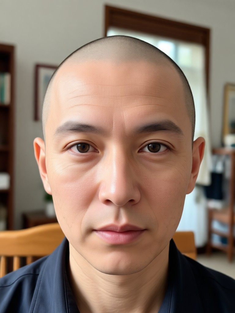 Bald transformation on person with glasses