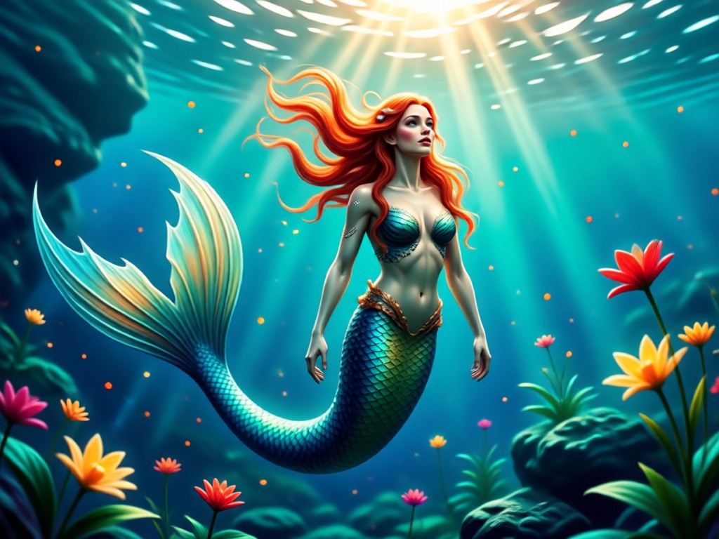 Mermaid with intricate shell crown and flowing aquatic hair