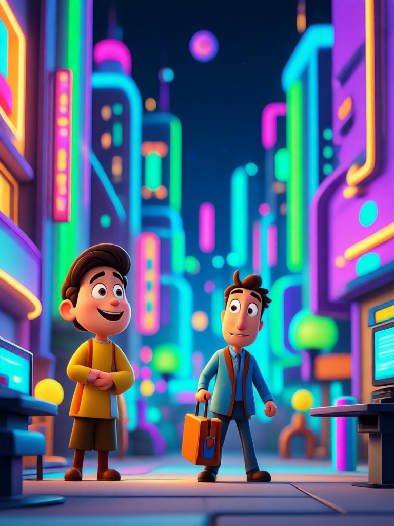 Futuristic cityscape rendered in Pixar's 3D style