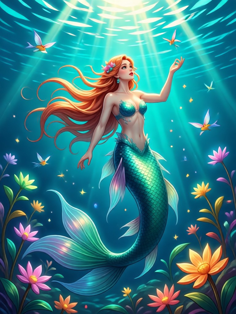 Dark fantasy siren with black scales in deep ocean