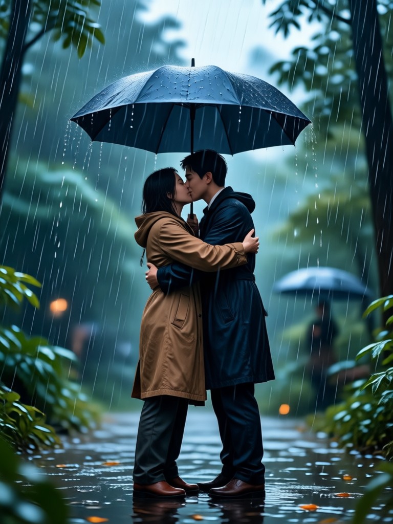 Siblings reunion with cinematic rain backdrop