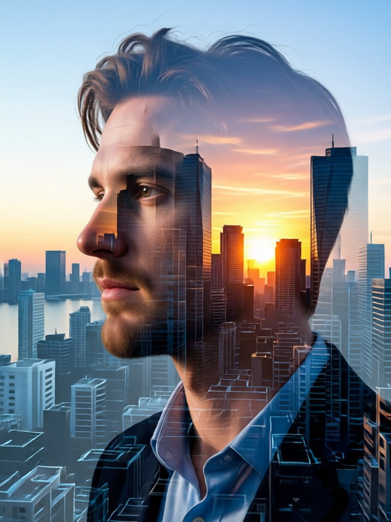 Double exposure with neon light and cyberpunk city