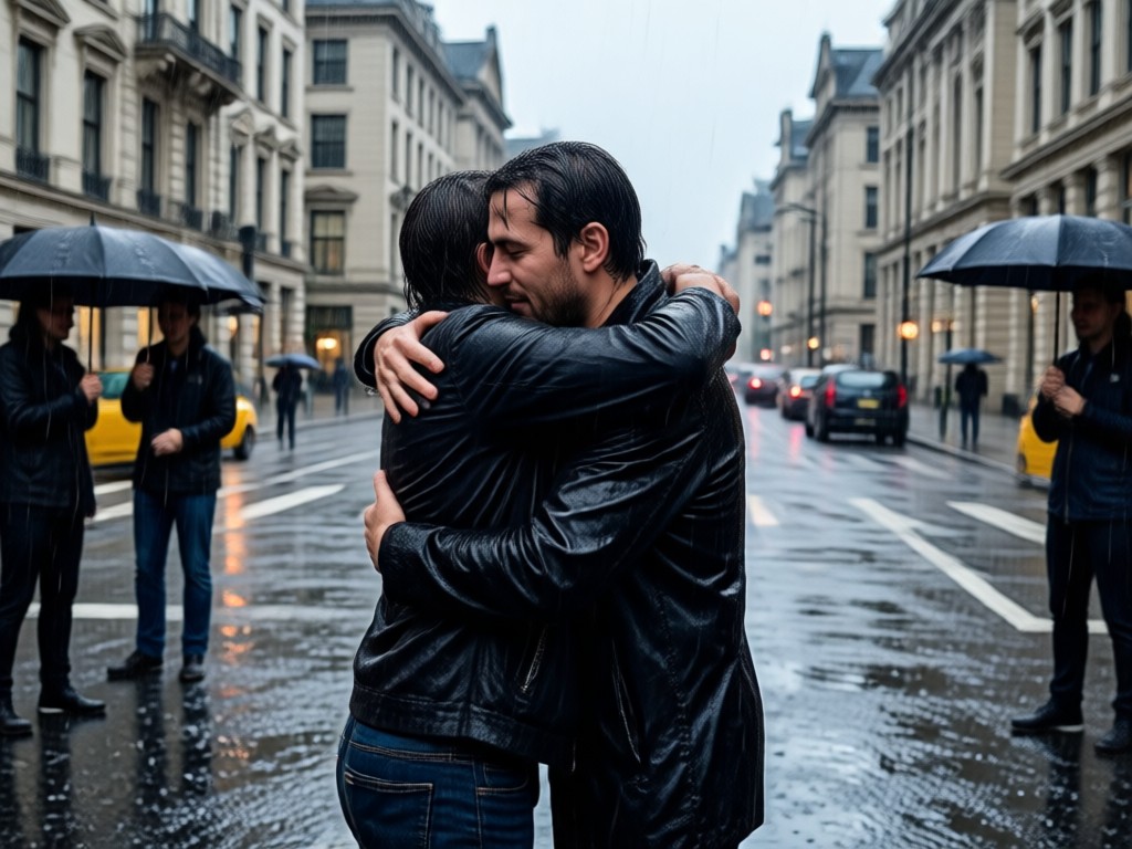 AI generating emotional facial expressions in a rain hug scene