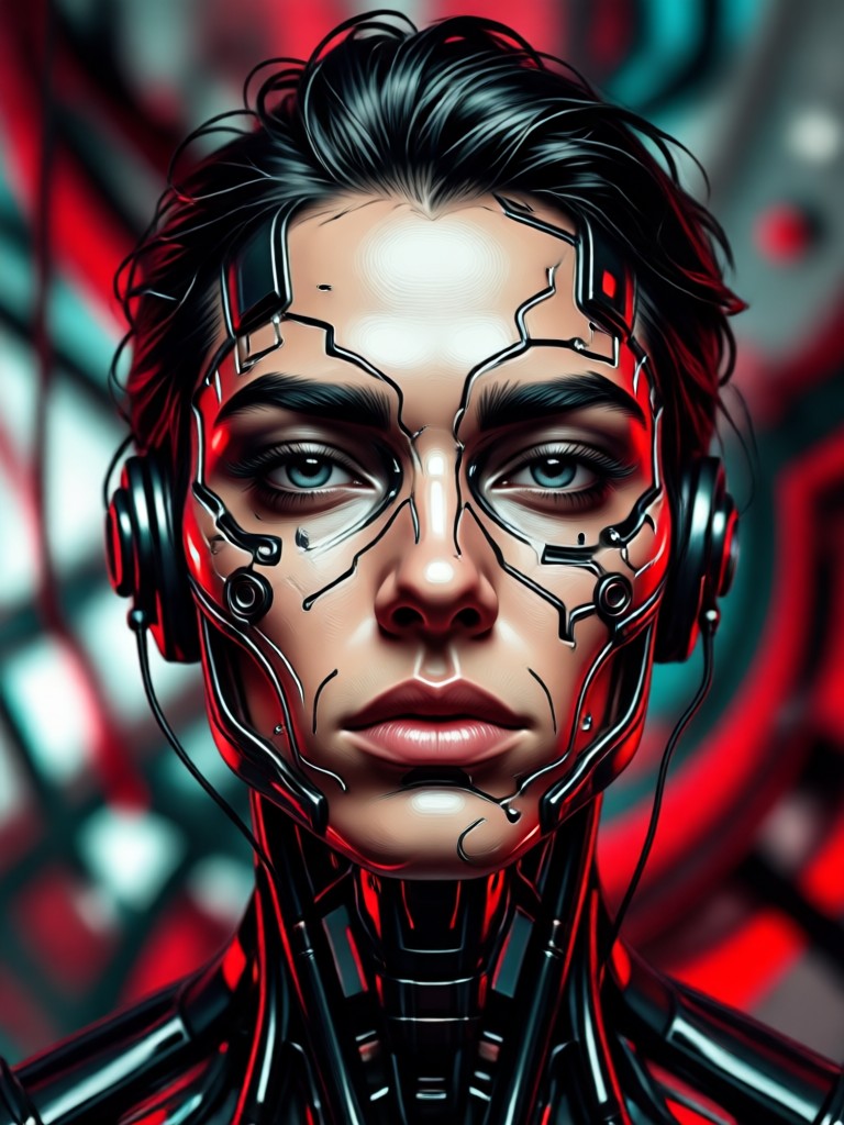 Contemporary red black AI portrait art piece