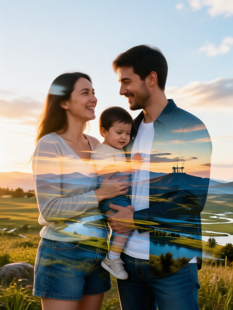 Family group photo blended with a city skyline at dusk