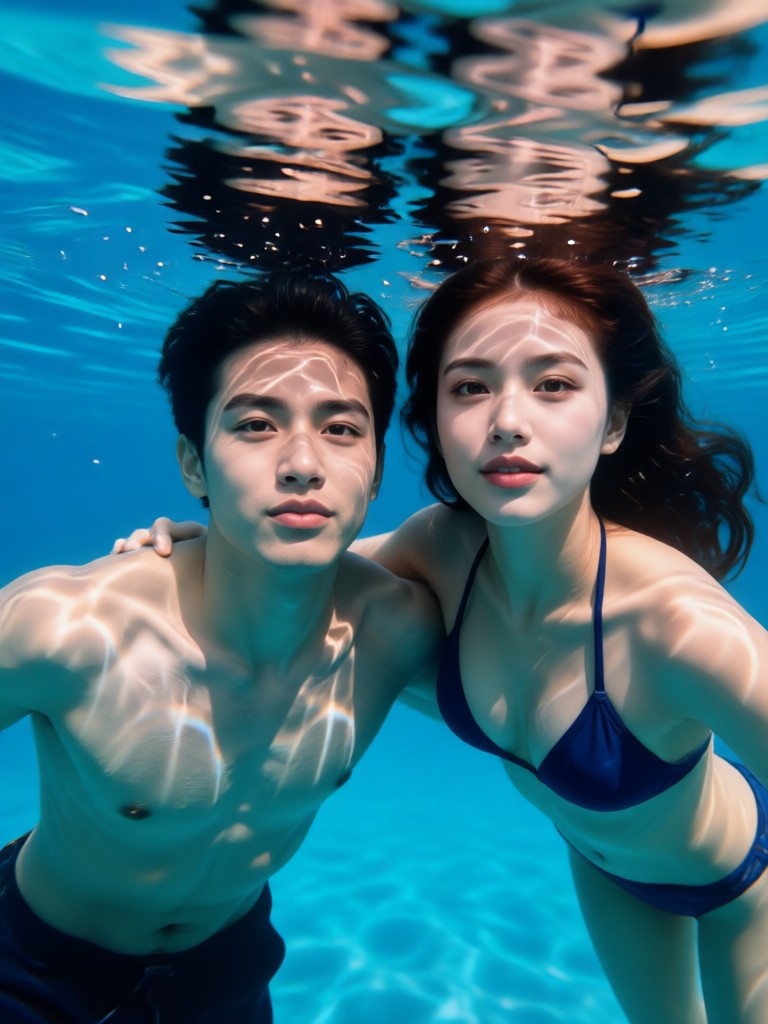 Retrato de pareja en agua cristalina tomados de la mano