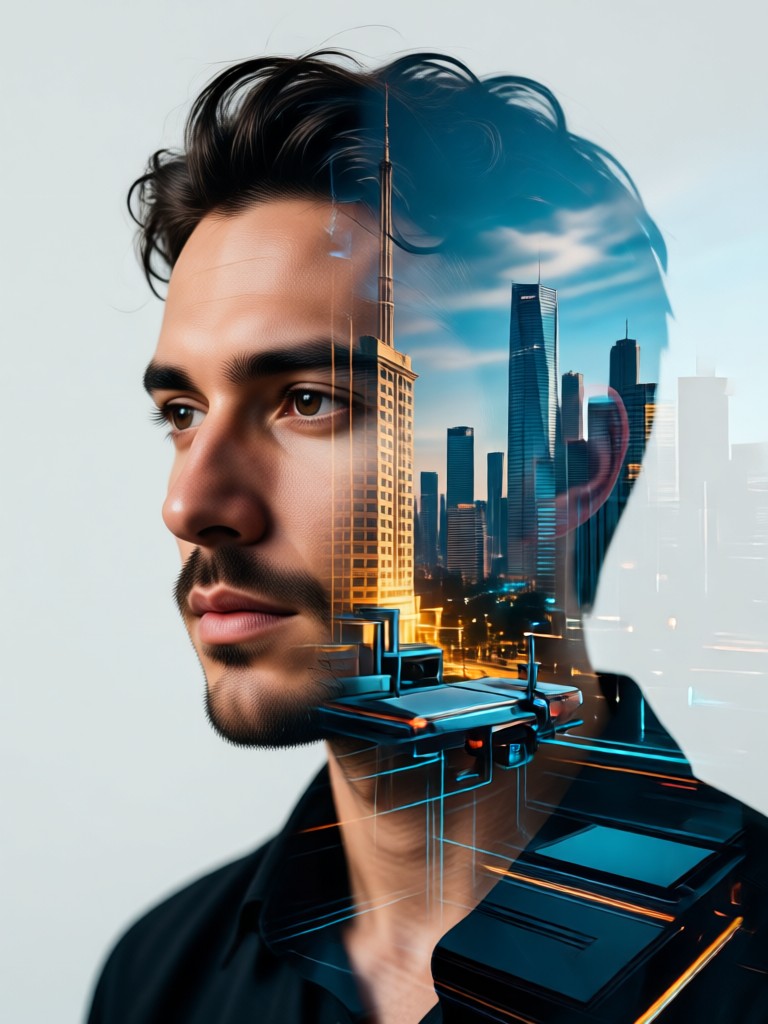 Mobile phone displaying AI double exposure portrait creation