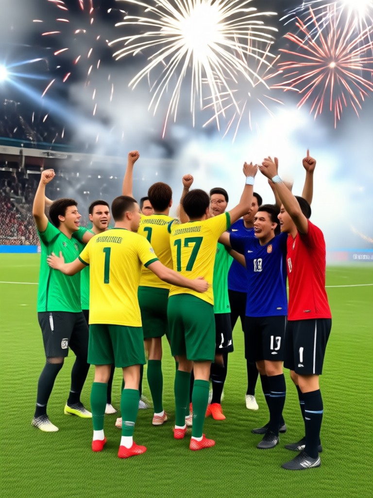Team huddle celebration with national flag