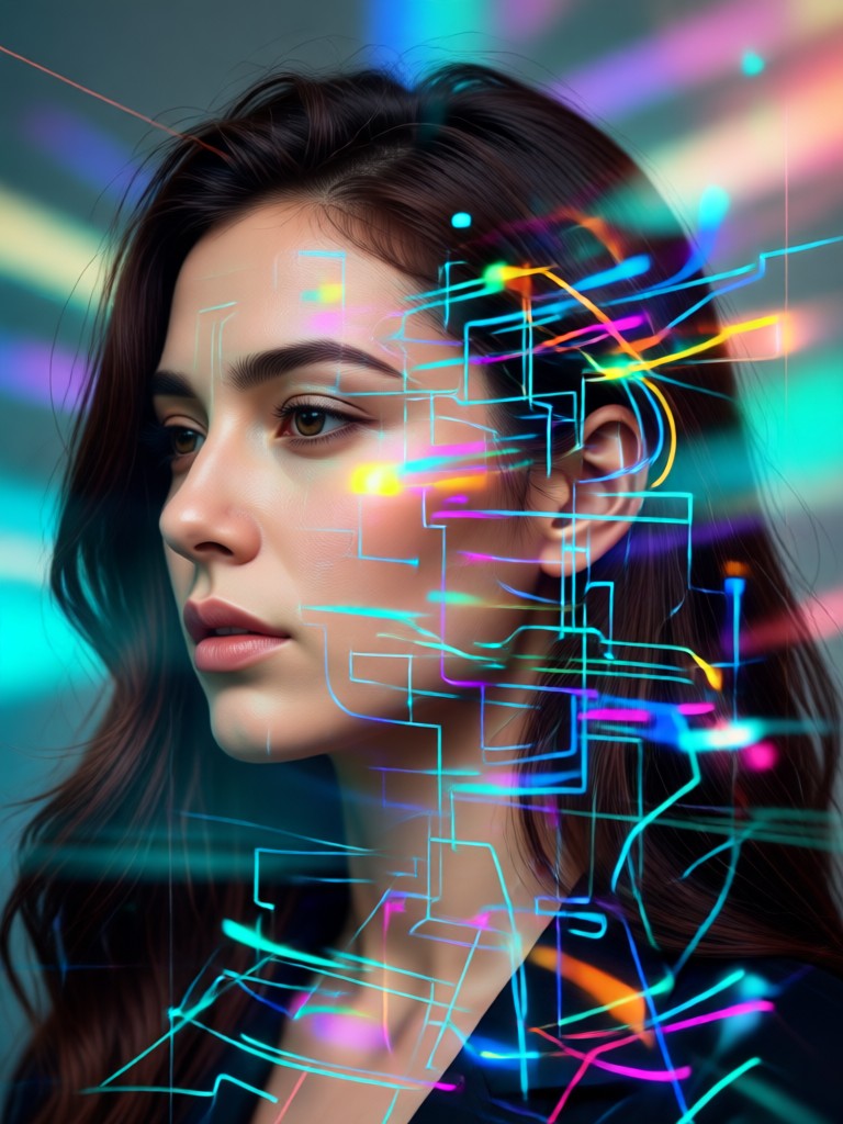 Face blended with geometric patterns and architecture AI effect