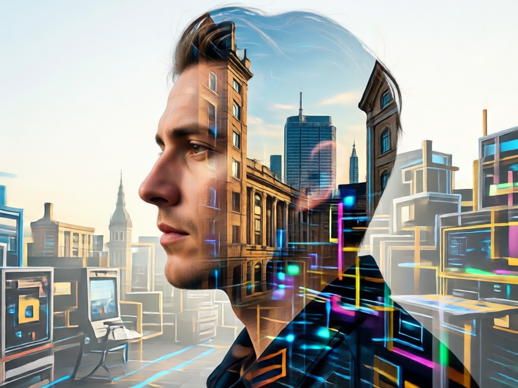 Seamless blending of cityscape and portrait