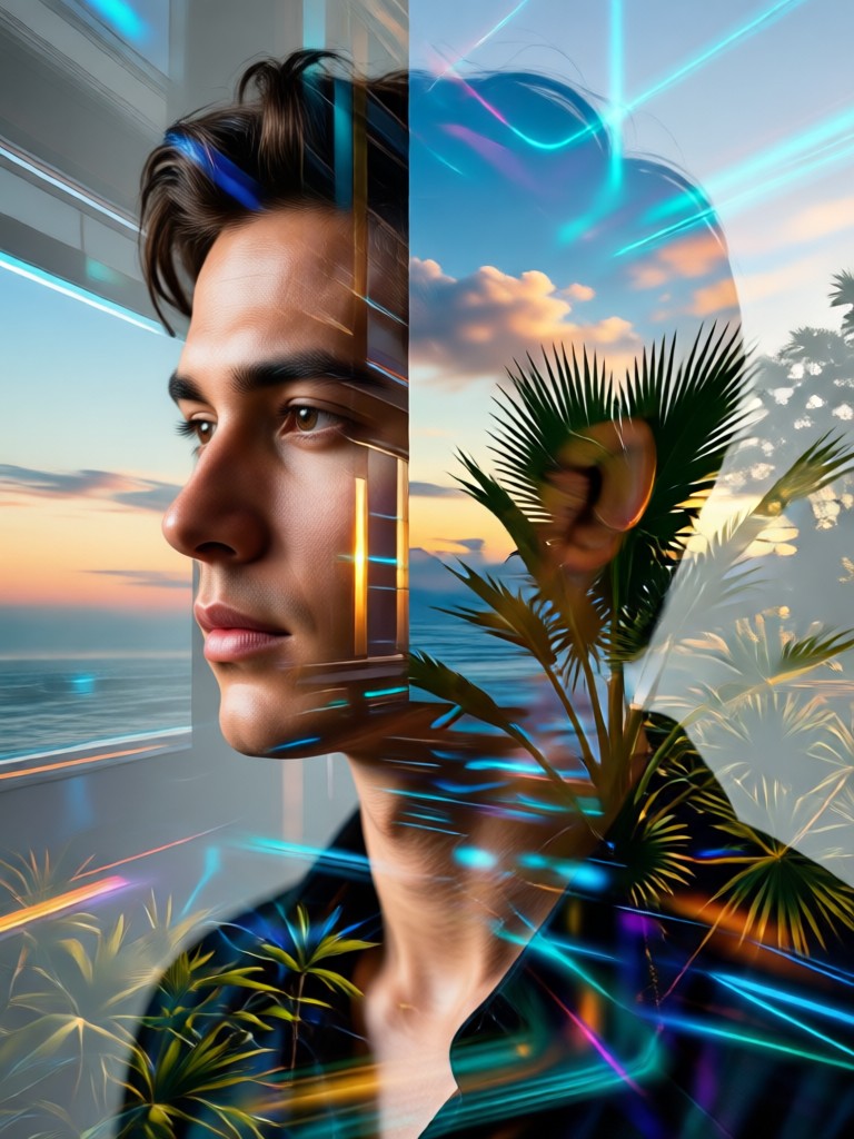 Double exposure portrait with forest overlay