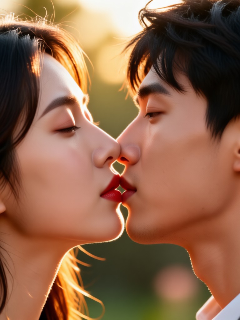 꽃밭에서 기쁨에 넘쳐 회전하는 키스