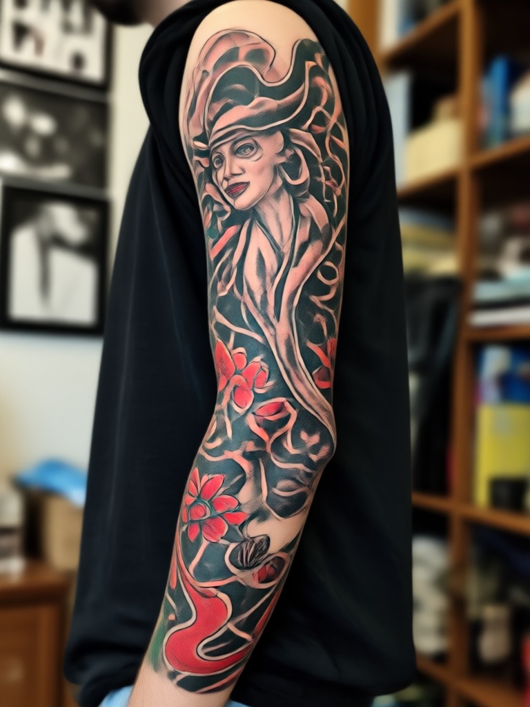 Realistic portrait sleeve tattoo on forearm