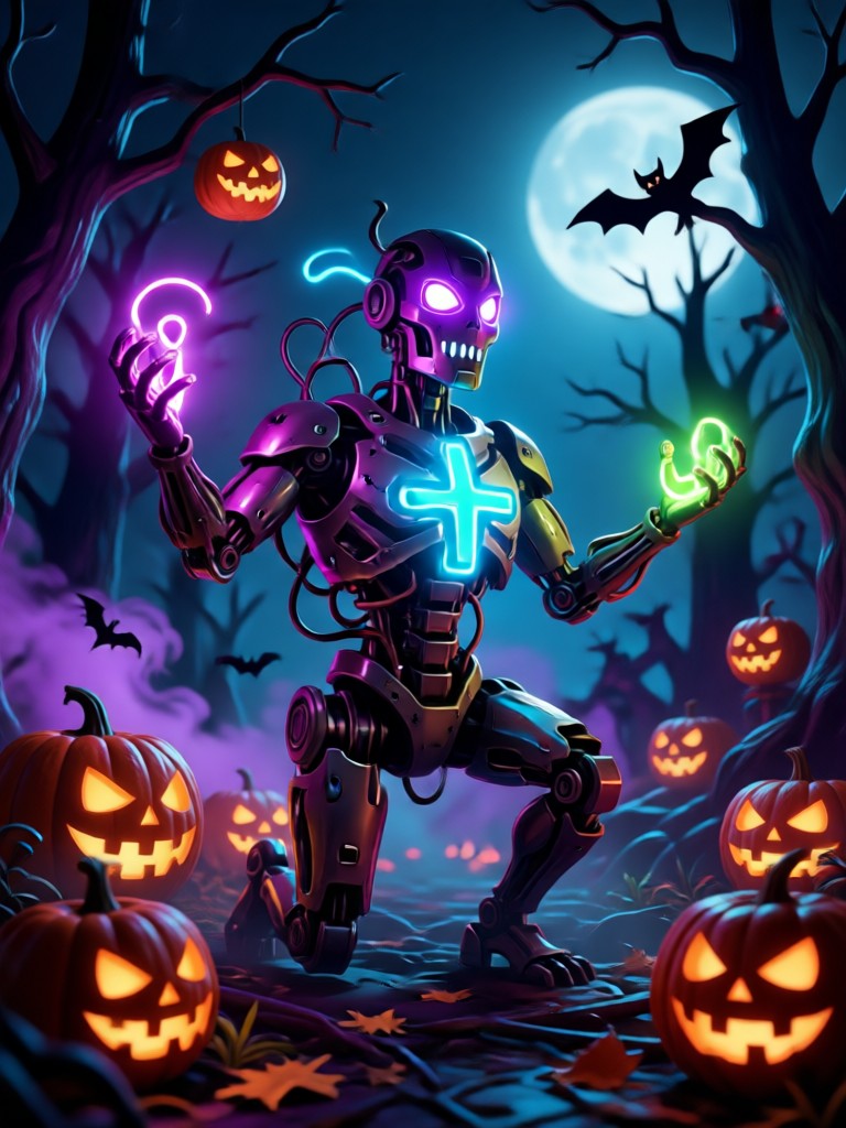 AI generated Halloween scene with a witch, pumpkin, and haunted house