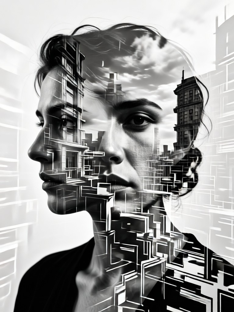 monochrome double exposure cityscape blend