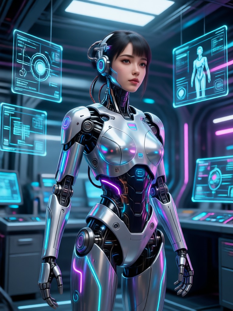 AI model with cyberpunk fashion and neon lighting