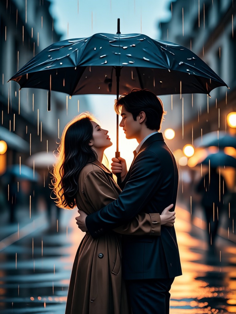 Cinematic video of couple hugging with rain effect