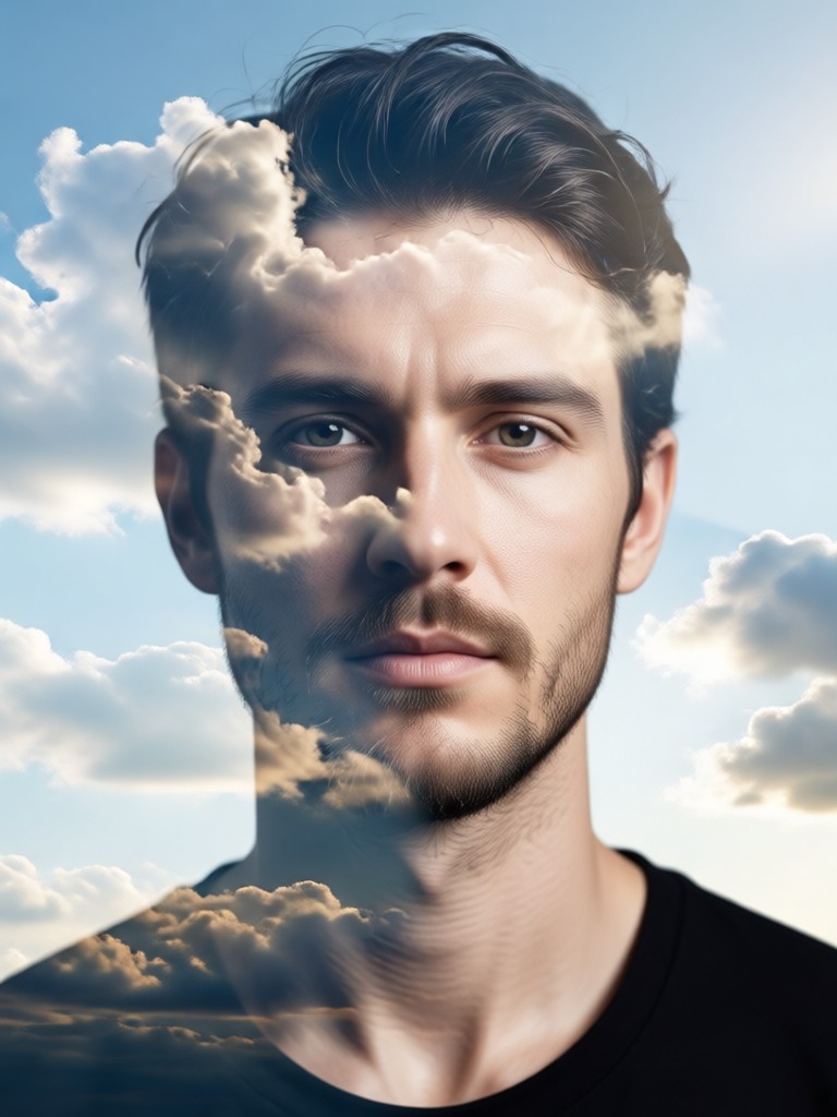 Doppelbelichtung mit Morgennebel und Bergwolken