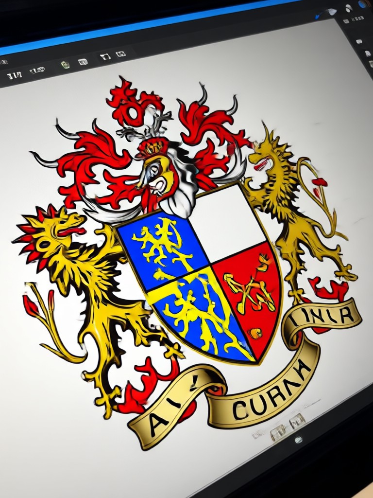 Heraldic shield with phoenix and flames motif
